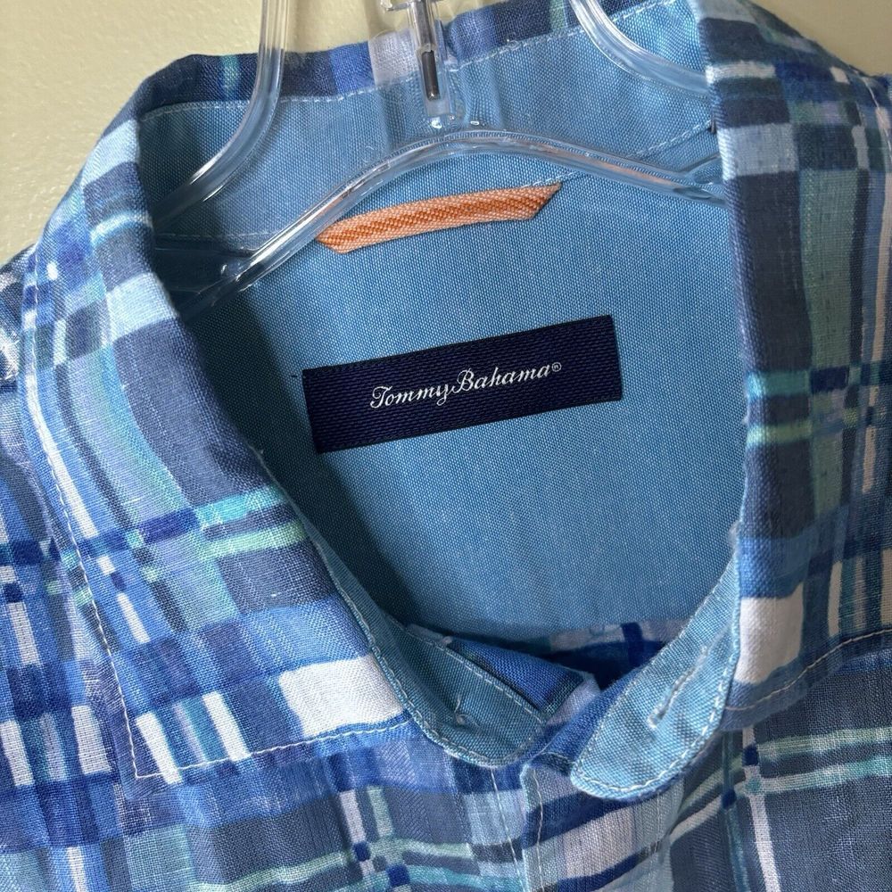 Men's Tommy Bahama Long Sleeved Linen Blend Blue Plaid Button Up Shirt Large - Picture 5 of 6